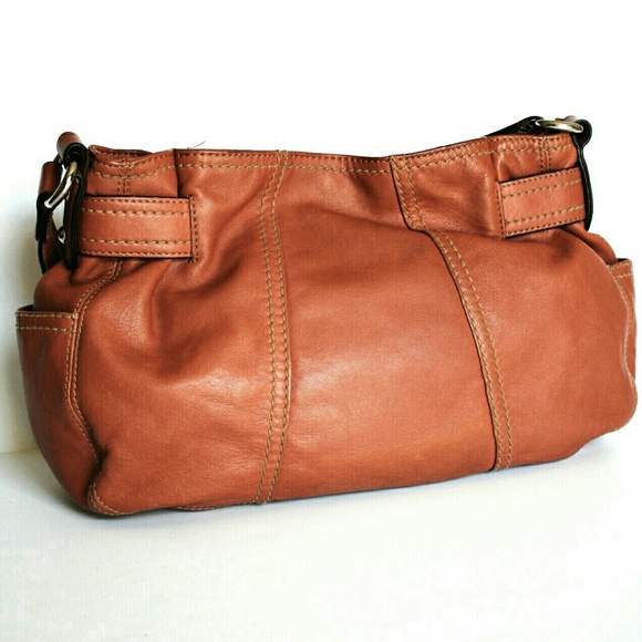 Tignanello buckle accent salmon orange leather shoulder bag/hand bag - Picture 5 of 8